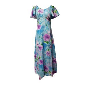 60s Pomare Hibiscus print bell sleeved long dress . fits like S - M